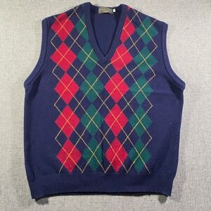 Vintage Windsor House Mens Argyle V Neck Sweater Vest Navy Red Green Wool Size L